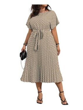 Plus Size Midi Dress Cap Sleeve Square Neck Tie Front A-Line Casual